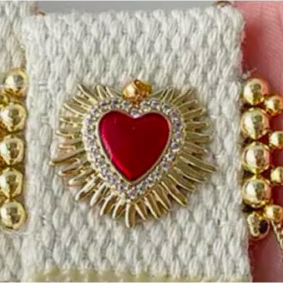 Bursting Sacred Heart of Jesus Immaculate Mary Catholic Ruby Red Fabric Necklace - Picture 3 of 7